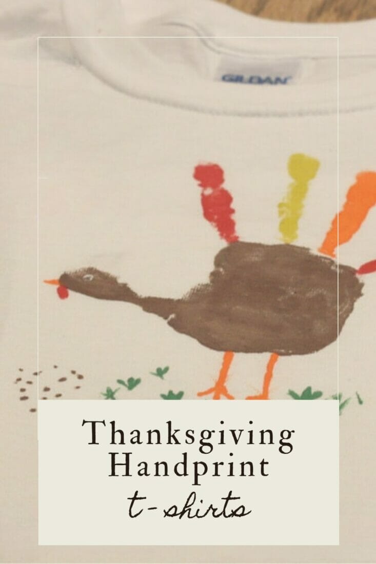 A pinterest-friendly graphic promoting handprint turkey t-shirts.