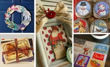 Collage of upcycled Christmas card crafts including a wreath, framed Santa art, mason jar lids, tied card bundles, and cutout decorations, highlighting creative ways to reuse old cards.