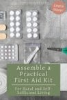 Medical supplies like pills, gauze, and scissors arranged on a textured gray surface, ideal for building a homestead first aid kit.