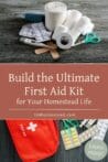 A collection of first aid supplies including gauze, scissors, and a red first aid bag arranged on a rustic wooden table, perfect for homesteaders.