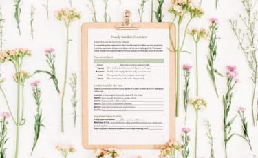 A Yearly Garden Overview printable on a clipboard surrounded by pink and white wildflowers, offering a seasonal glance at garden goals and tasks.