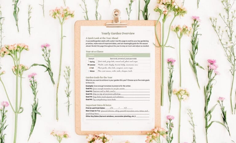 A Yearly Garden Overview printable on a clipboard surrounded by pink and white wildflowers, offering a seasonal glance at garden goals and tasks.