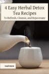 A steaming white teapot pouring tea into a white cup, showcasing an easy herbal detox tea recipe for health and rejuvenation.