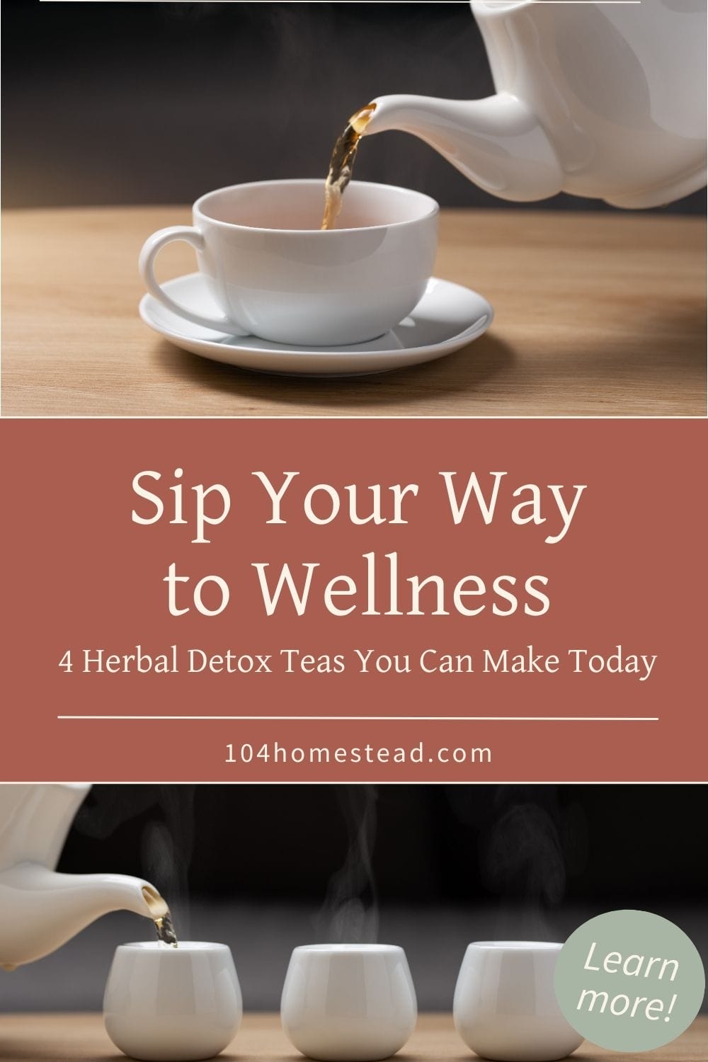 A series of small white cups filled with steaming tea, paired with a teapot, promoting wellness and detox benefits.