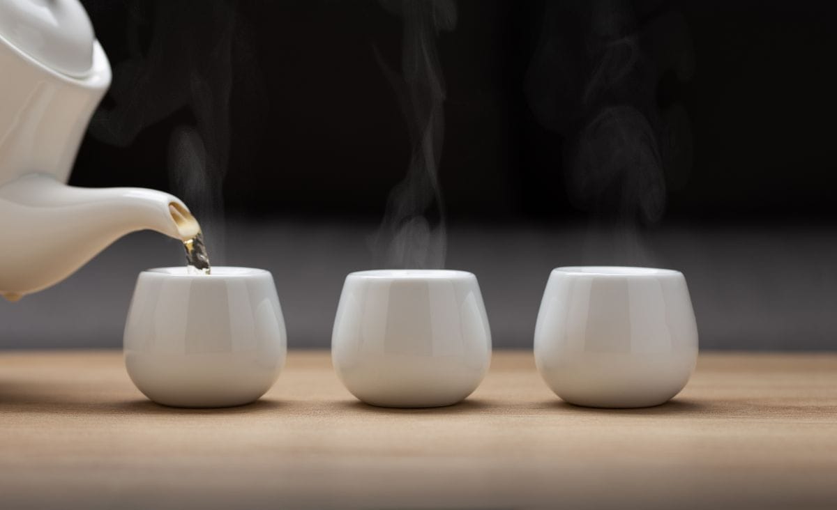 A teapot pouring hot water into three minimalist white teacups with steam rising, set on a wooden table.