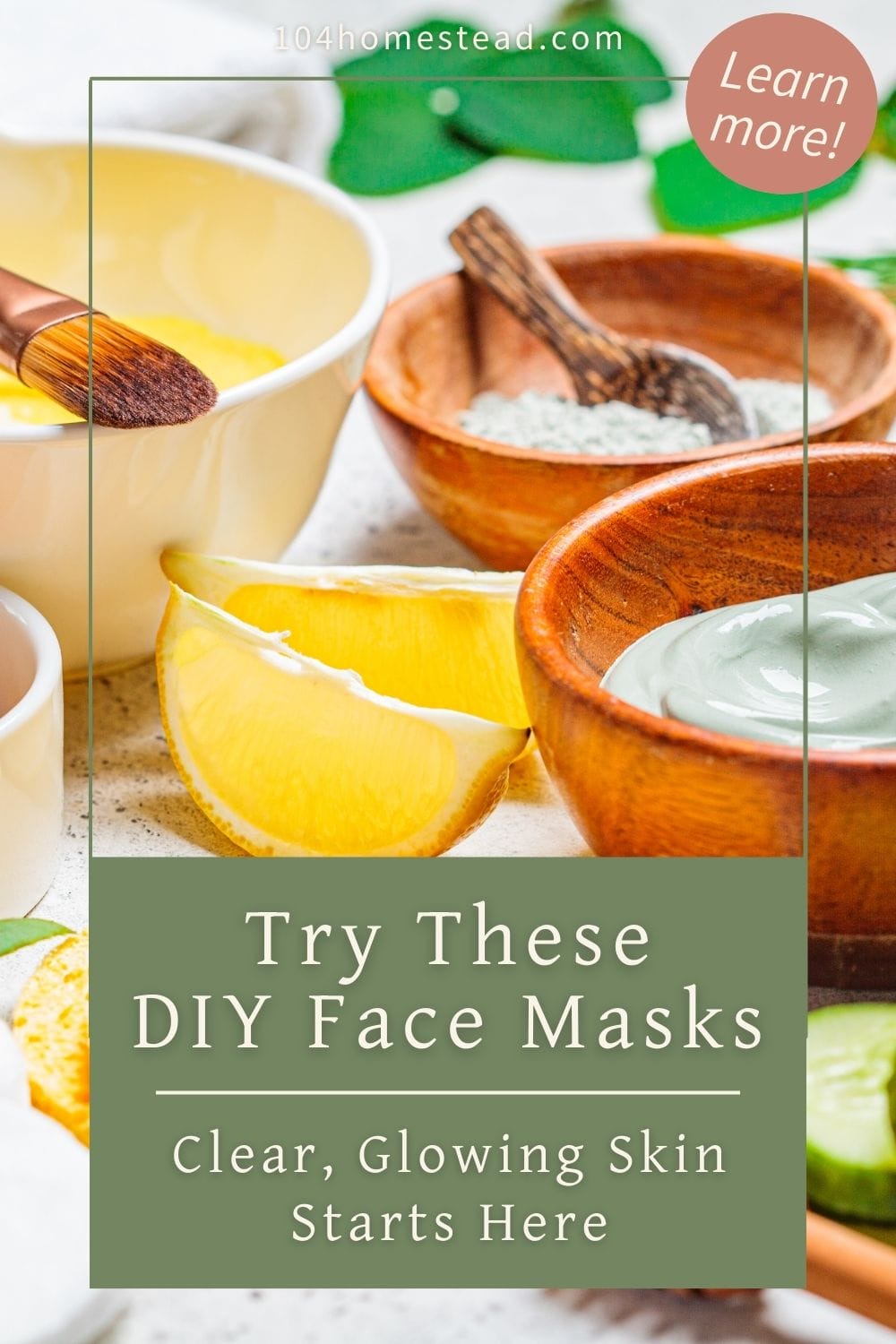 Bowls of clay mask, lemon slices, and skincare brushes for homemade face masks using natural ingredients.