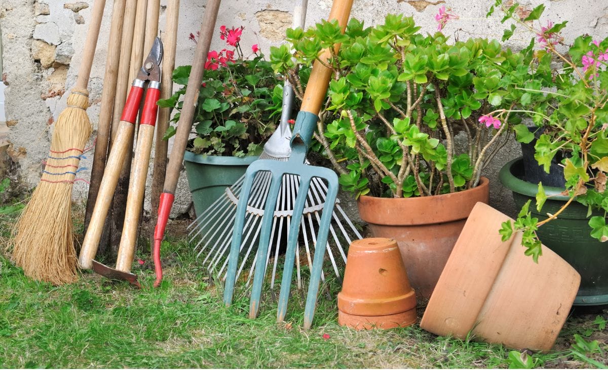 A collection of garden tools, terracotta pots, and potted flowering plants arranged against an old stone wall in a home garden.