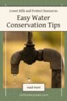 A leaking outdoor faucet with a blurred natural background, emphasizing the need for water-saving practices.