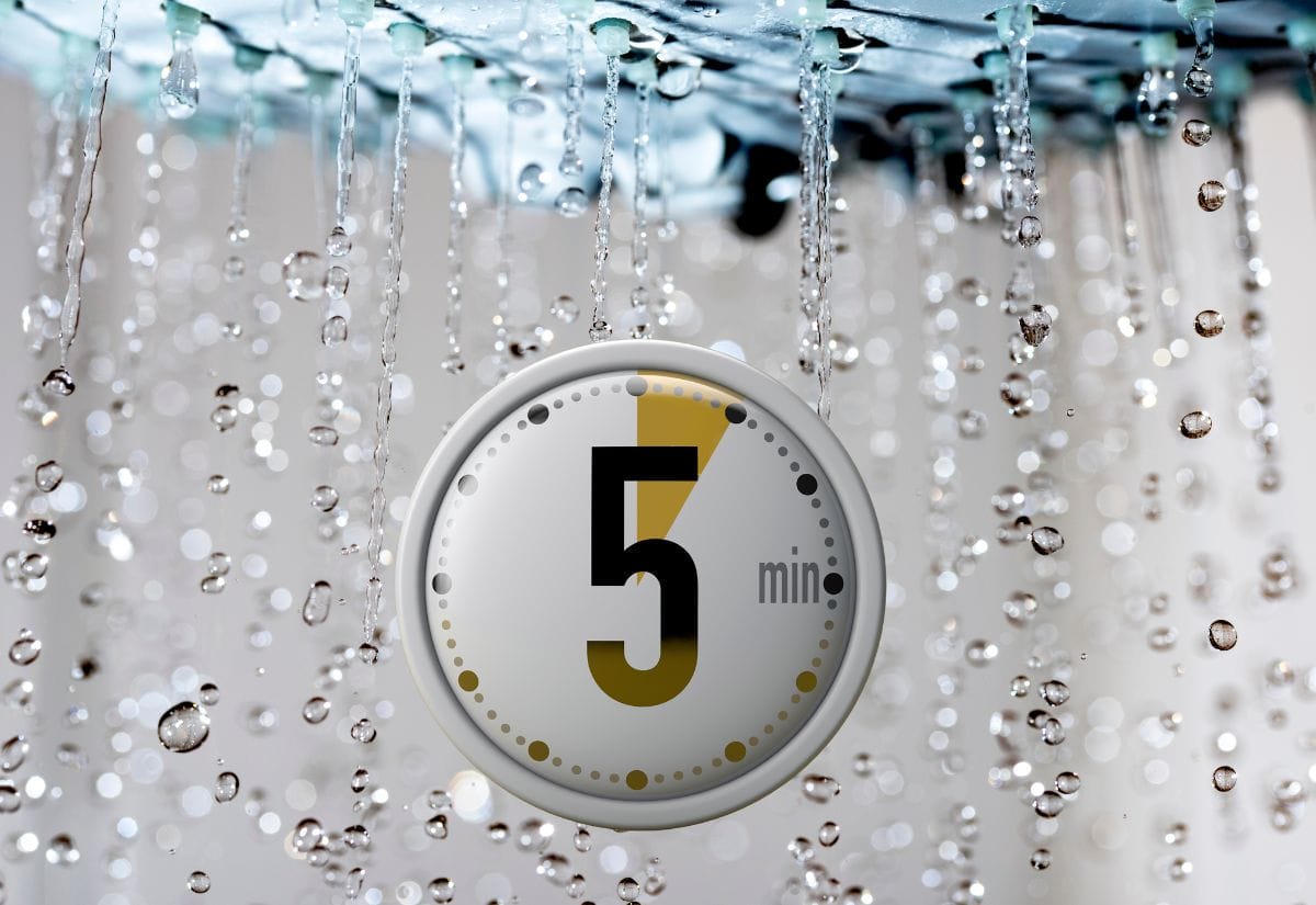 A five-minute timer graphic overlayed on a shower with water droplets, encouraging shorter showers for water conservation.