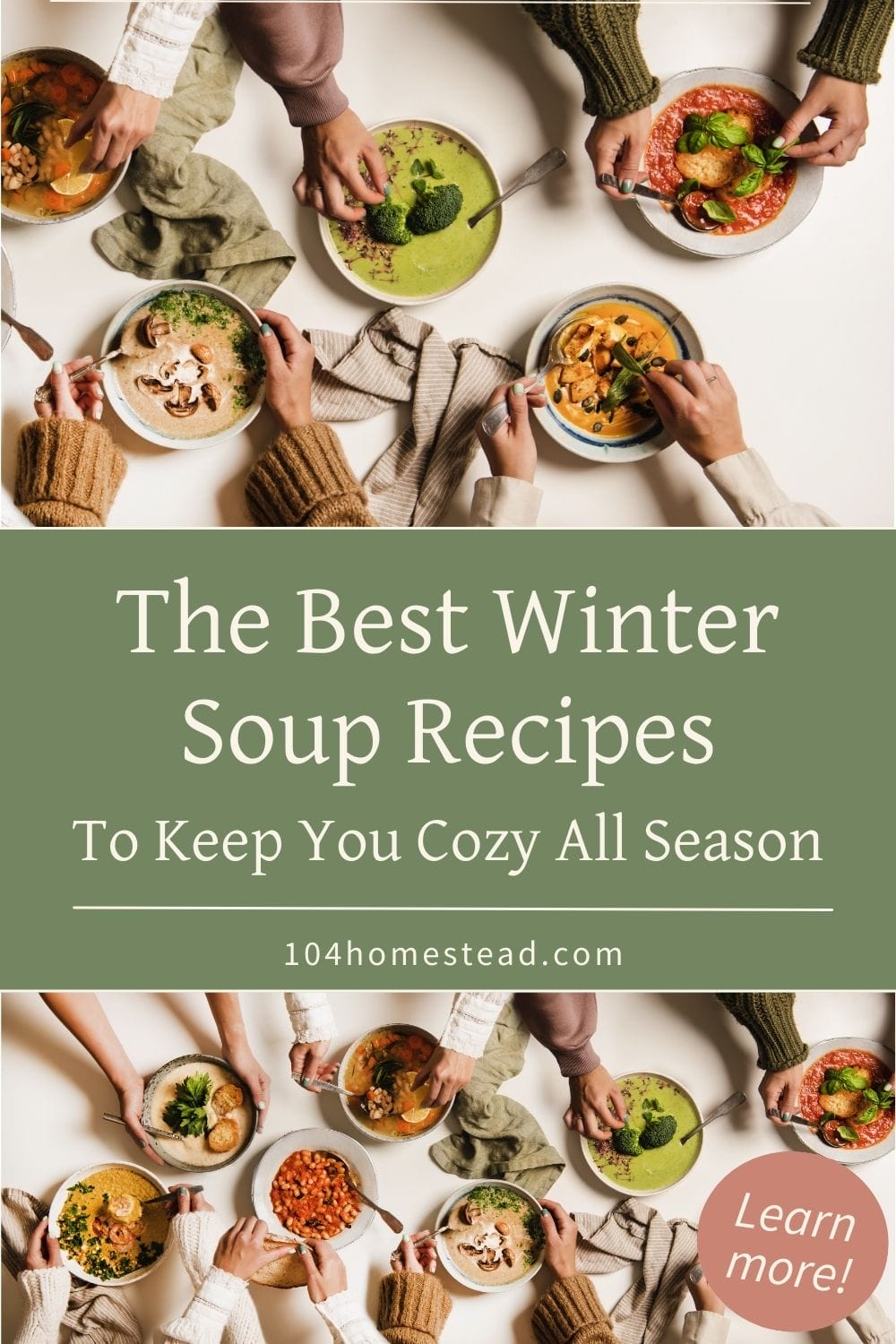 Hands holding bowls of various winter soups, including creamy broccoli, mushroom, and tomato soup, surrounded by cozy sweaters and rustic tableware.