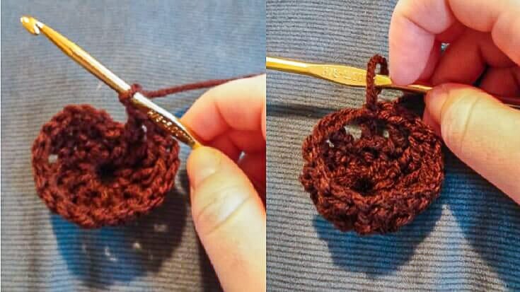 Hands holding a partially completed crochet circle and a gold hook, showing the transition into the next round of the ornament cover.