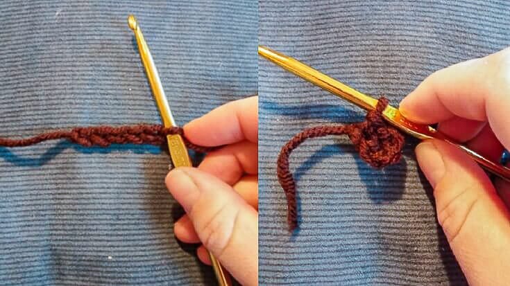 Beginning chain row for the looped Christmas tree ornament, worked in brown yarn with a gold hook preparing to start the first row of stitches.