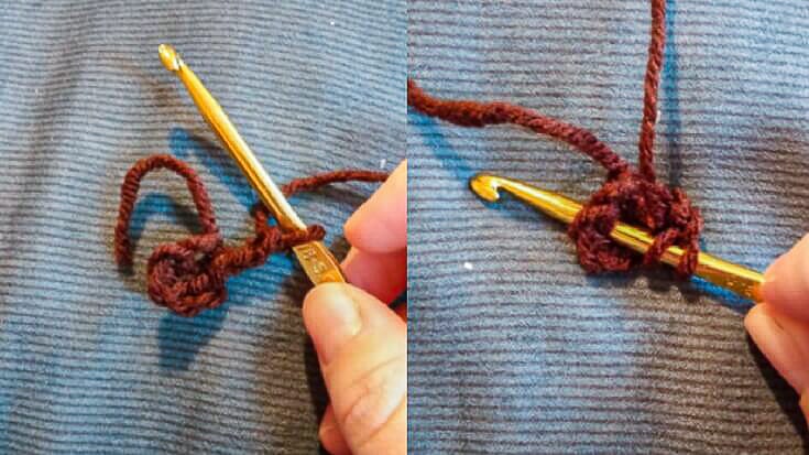 Close-up of the first small loop formed at the end of the foundation chain, showing the start of the looped Christmas tree ornament.