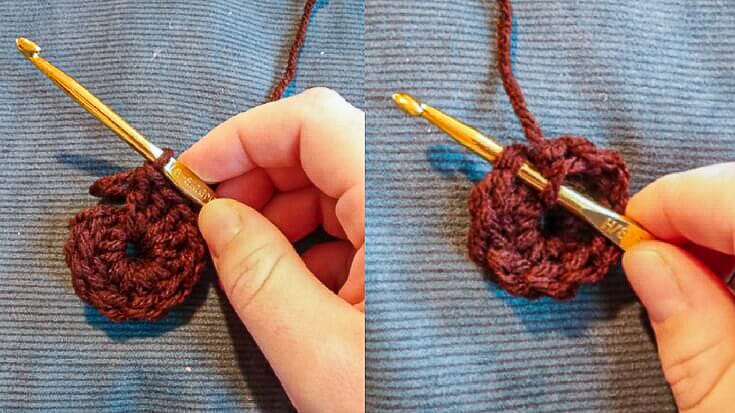 Brown crochet circle with a gold hook demonstrating where to place the next stitch as the piece grows, part of the ornament cover tutorial.