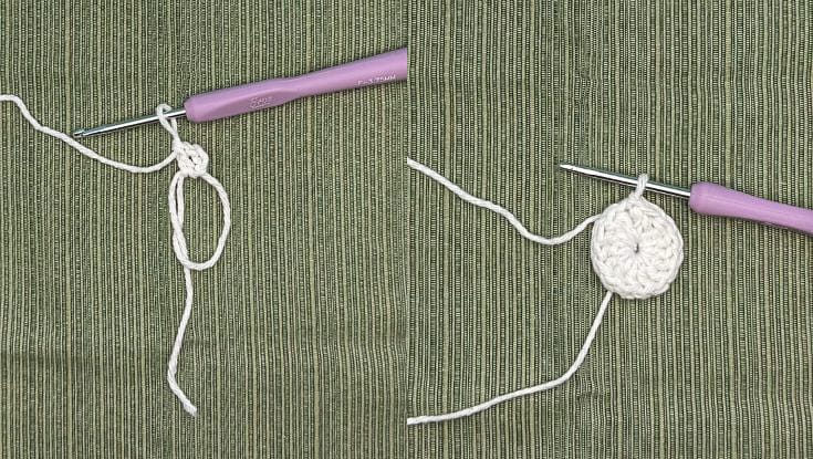 Two side-by-side photos showing the beginning of the crochet ornament cover: the first panel shows a magic ring and chain stitches in white yarn with a purple hook, and the second shows the completed first round forming a small crochet circle.