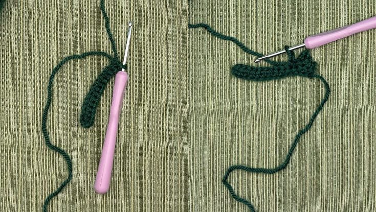 Two step-by-step images showing the looped tree ornament taking shape, with dark green yarn forming long chained loops along the edge and the crochet hook demonstrating where to place the next stitch.
