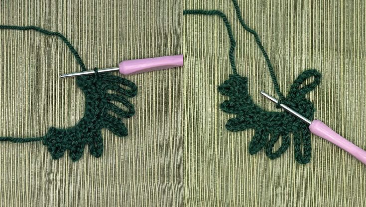 Two photos showing the start of the looped crochet Christmas tree: the first panel shows a short row of single crochet stitches in dark green yarn, and the second shows the hook working back into the row to begin forming the loops.