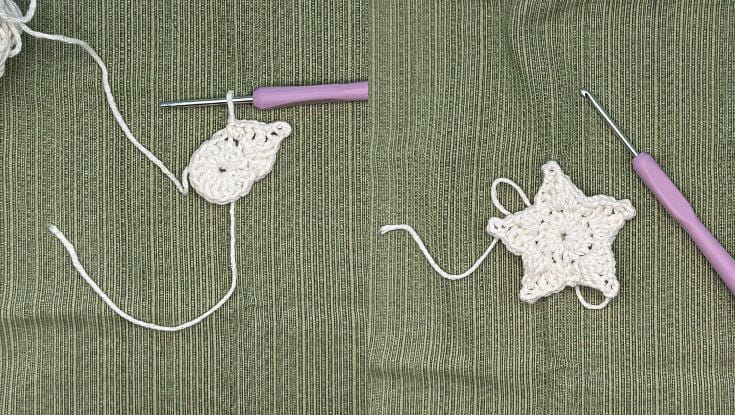 Two photos showing the simple crochet star pattern: the first panel shows the first couple of star points forming in white yarn, and the second shows the completed five-point star beside a purple hook.