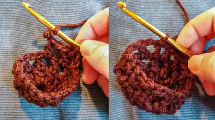 Close-up of brown yarn circle being crocheted with a gold hook, demonstrating the stitches for the ornament cover’s second round.