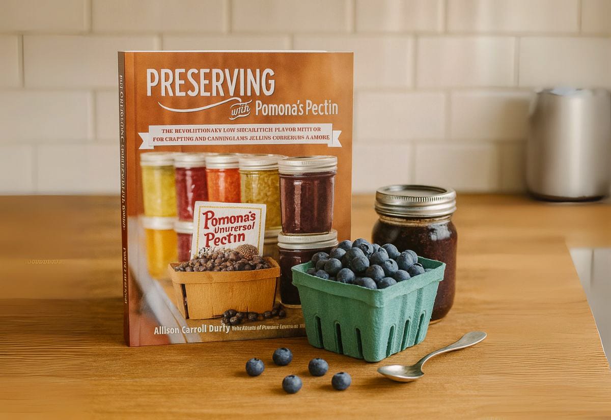 A copy of “Preserving with Pomona’s Pectin” beside a basket of fresh blueberries and a jar of jam, illustrating sugar-free canning options.