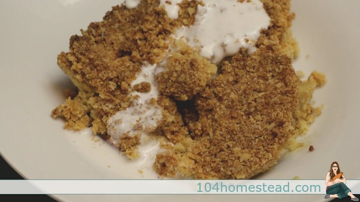 A plate of apple crumble with milk dribbled over it.