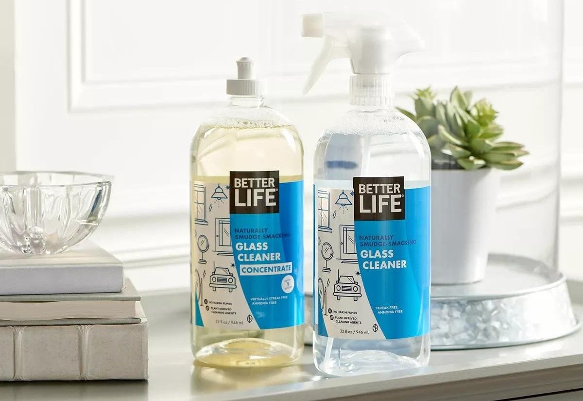 Better Life glass cleaner spray and concentrate on a shelf.