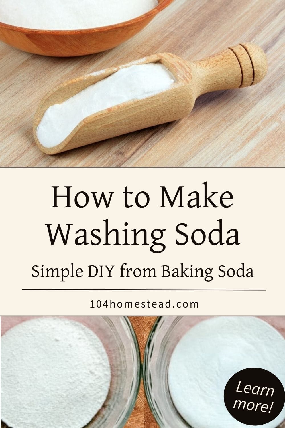 Pinterest graphic showing a wooden bowl and scoop filled with white powder, with overlay text that reads “How to Make Washing Soda – Simple DIY from Baking Soda”