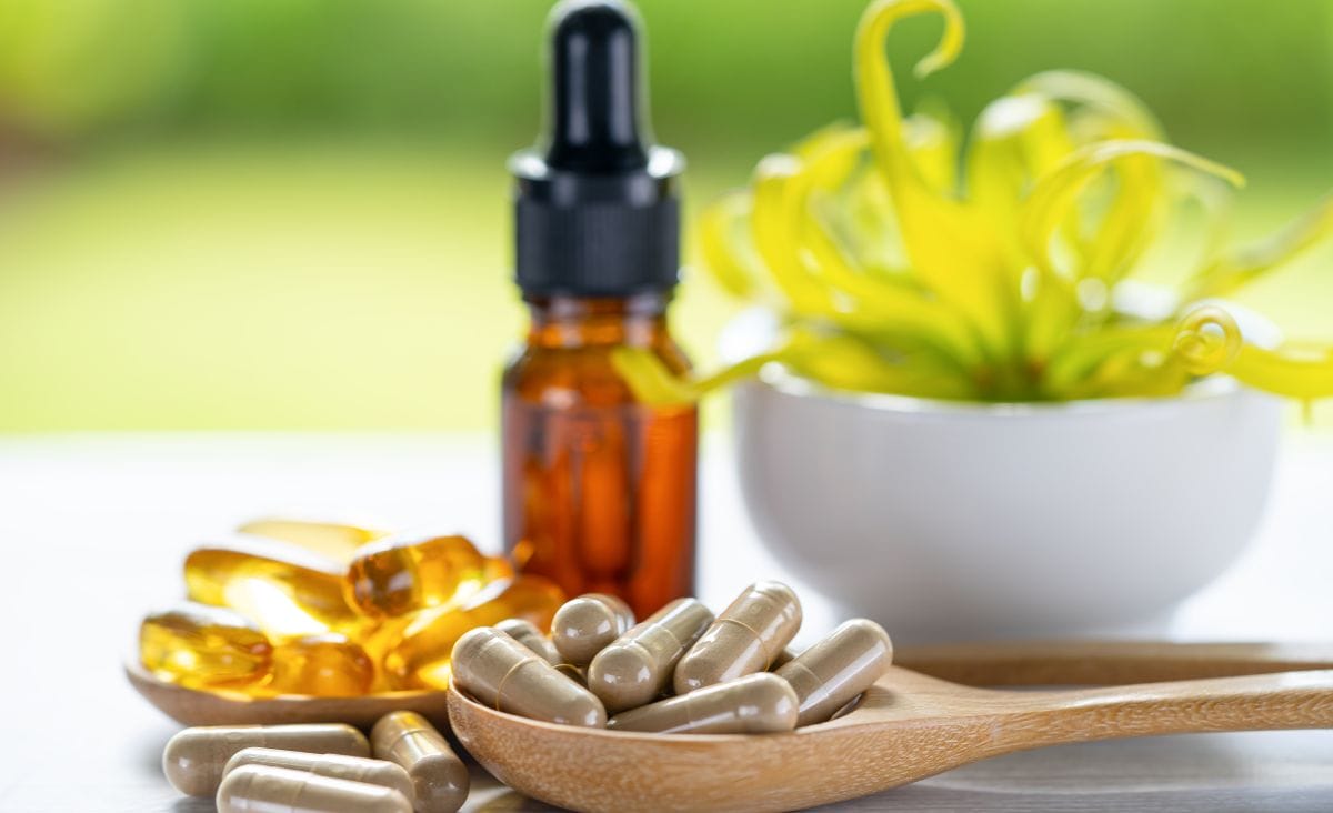 A variety of herbal preparations including capsules, an amber tincture bottle, and a bowl with fresh herbs, set against a vibrant green background.