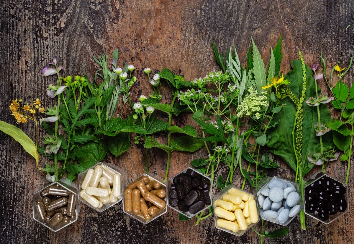 A display of herbal capsules in various shades, accompanied by fresh medicinal herbs on a rustic wooden surface.