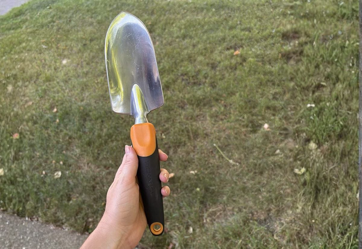 Hand holding a compact garden trowel with a curved metal blade and ergonomic handle, sized for everyday planting and transplanting tasks.