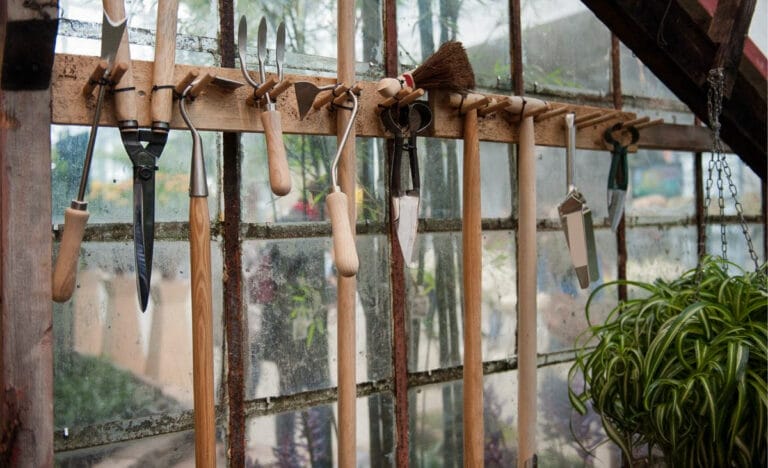 A collection of hand garden tools neatly hanging inside a greenhouse against an old glass window, showcasing essential gardening supplies in a rustic setting.