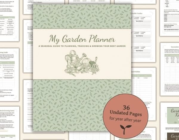 Cover and preview pages of “My Garden Planner” printable, featuring 36 undated pages for garden tracking, planning, and seasonal organization.