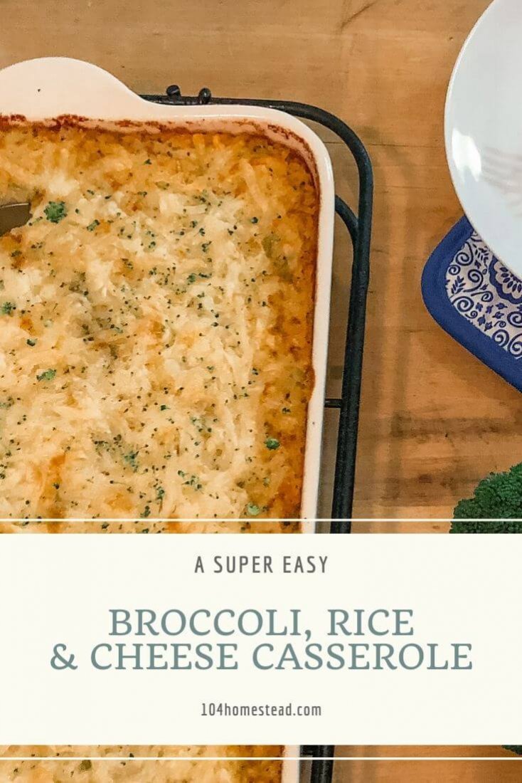 We love this classic and comforting broccoli rice and cheese casserole for easy weeknight meals at our homestead. Freezer-friendly and reheats well for leftovers. Perfect for a vegetarian household that needs a change from pasta.