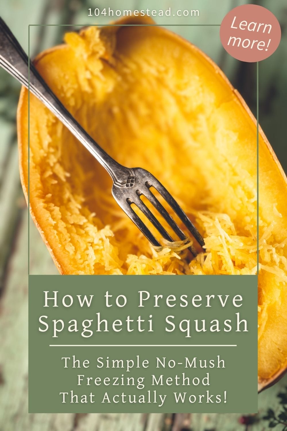 A close-up of a fork pulling golden spaghetti squash strands inside a roasted half on a rustic green wooden surface, showing the tender texture and bright color of the cooked squash.