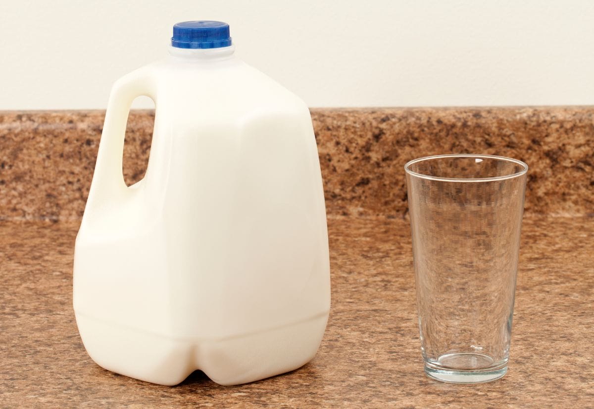 A gallon of milk on a kitchen counter next to an empty glass, ready to be repurposed into a winter sowing container.