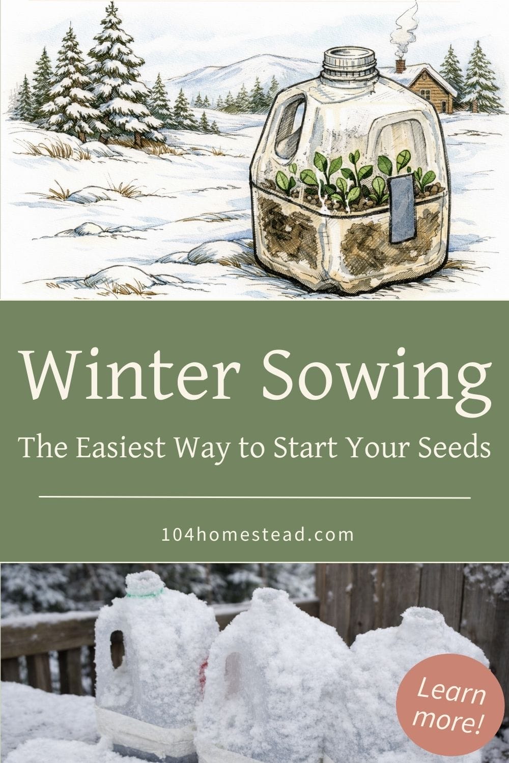 Illustrated winter sowing setup showing seedlings growing inside a cut milk jug sitting in a snowy landscape, with evergreen trees and a small cabin in the background.