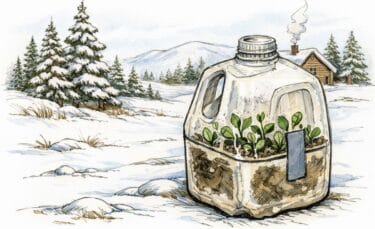 Hand-drawn illustration of winter sowing, featuring a milk jug mini greenhouse with young seedlings growing inside, placed outdoors in a snowy garden setting.