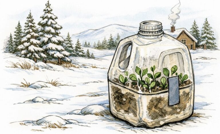 Hand-drawn illustration of winter sowing, featuring a milk jug mini greenhouse with young seedlings growing inside, placed outdoors in a snowy garden setting.