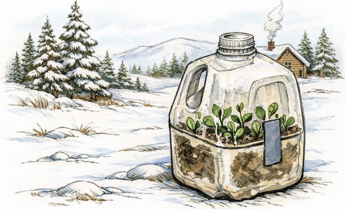 Hand-drawn illustration of winter sowing, featuring a milk jug mini greenhouse with young seedlings growing inside, placed outdoors in a snowy garden setting.