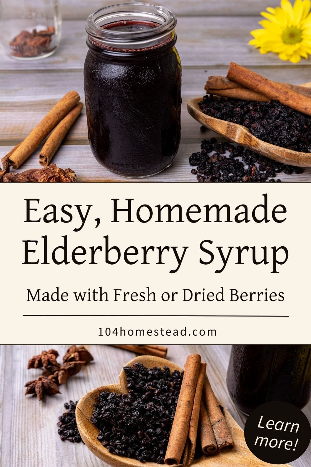 A jar of homemade elderberry syrup sits on a rustic wood surface, surrounded by dried elderberries, cinnamon sticks, and star anise, styled with warm lighting and a simple, natural layout.