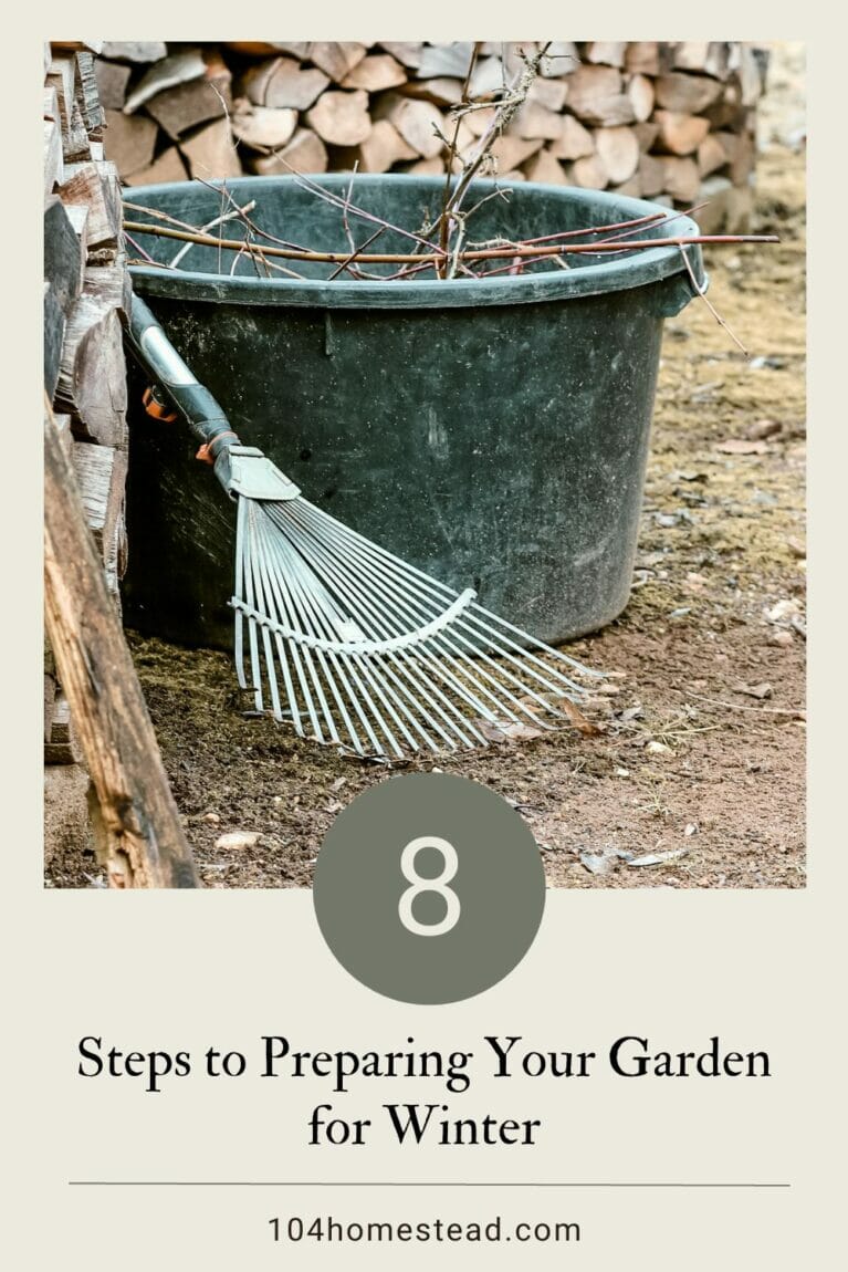 A bucket with trimmings and rake sitting next to the woodpile.