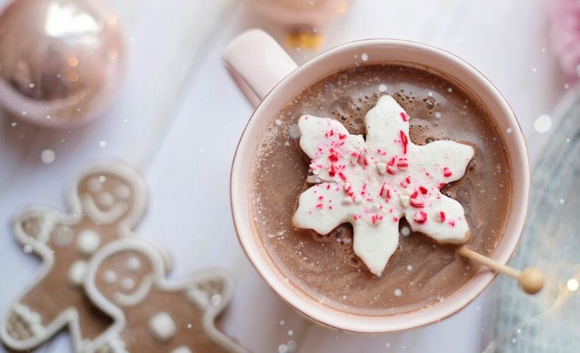 A mug of hot chocolate with a holly leaf homemade marshmallow, sprinkled with crushed candy cane. In the background is a silver christmas ornament and two gingerbread men.