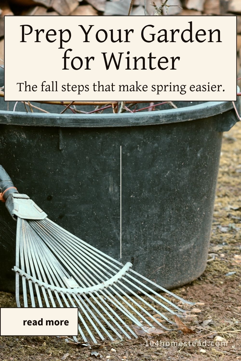 A close-up of a garden rake leaning against a large black bin filled with pruned branches, with stacked firewood in the background—an autumn garden cleanup scene.