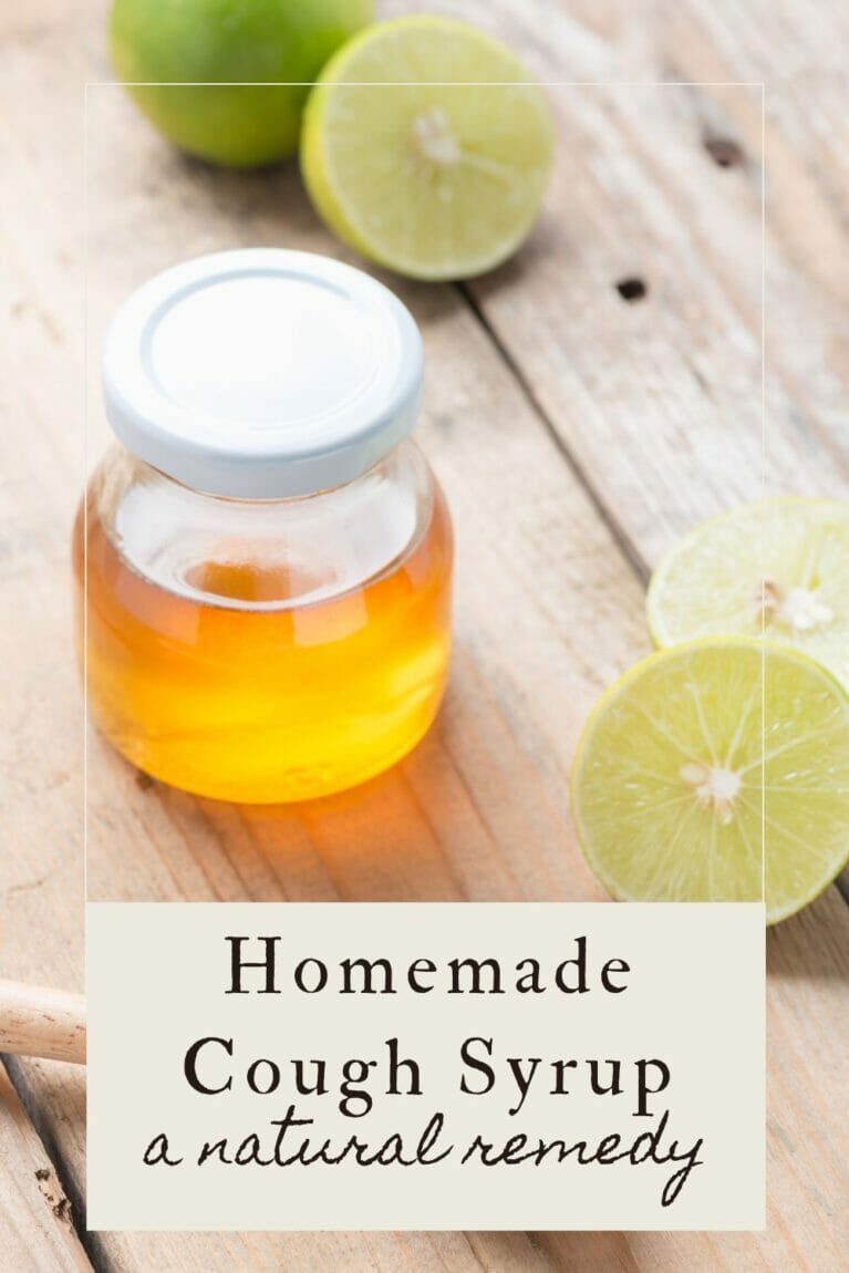 A pinterest-friendly graphic promoting homemade lime and honey cough syrup.