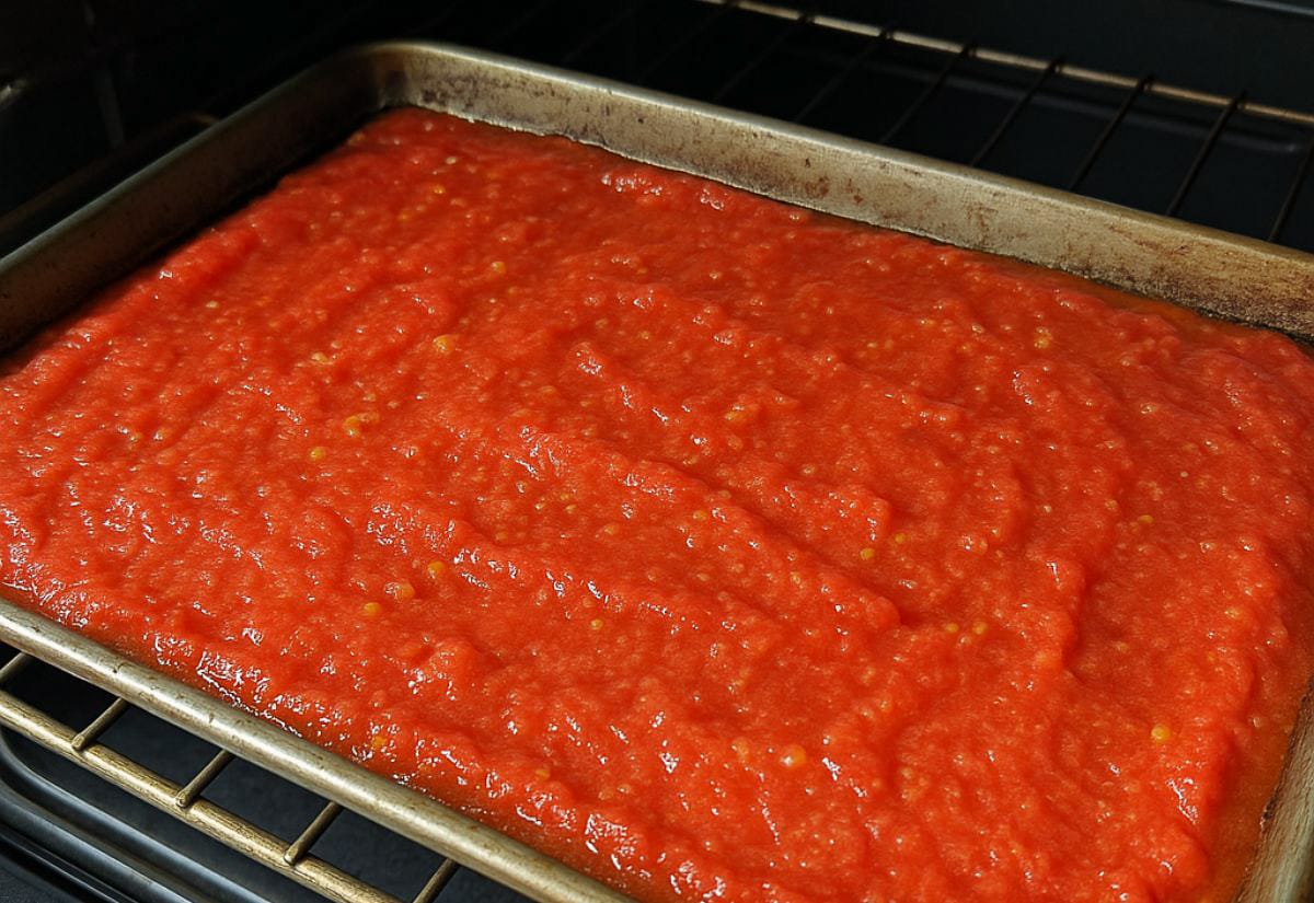 Freshly milled tomato puree spread on a rimmed baking sheet, ready to go into the oven to cook down into homemade tomato paste.