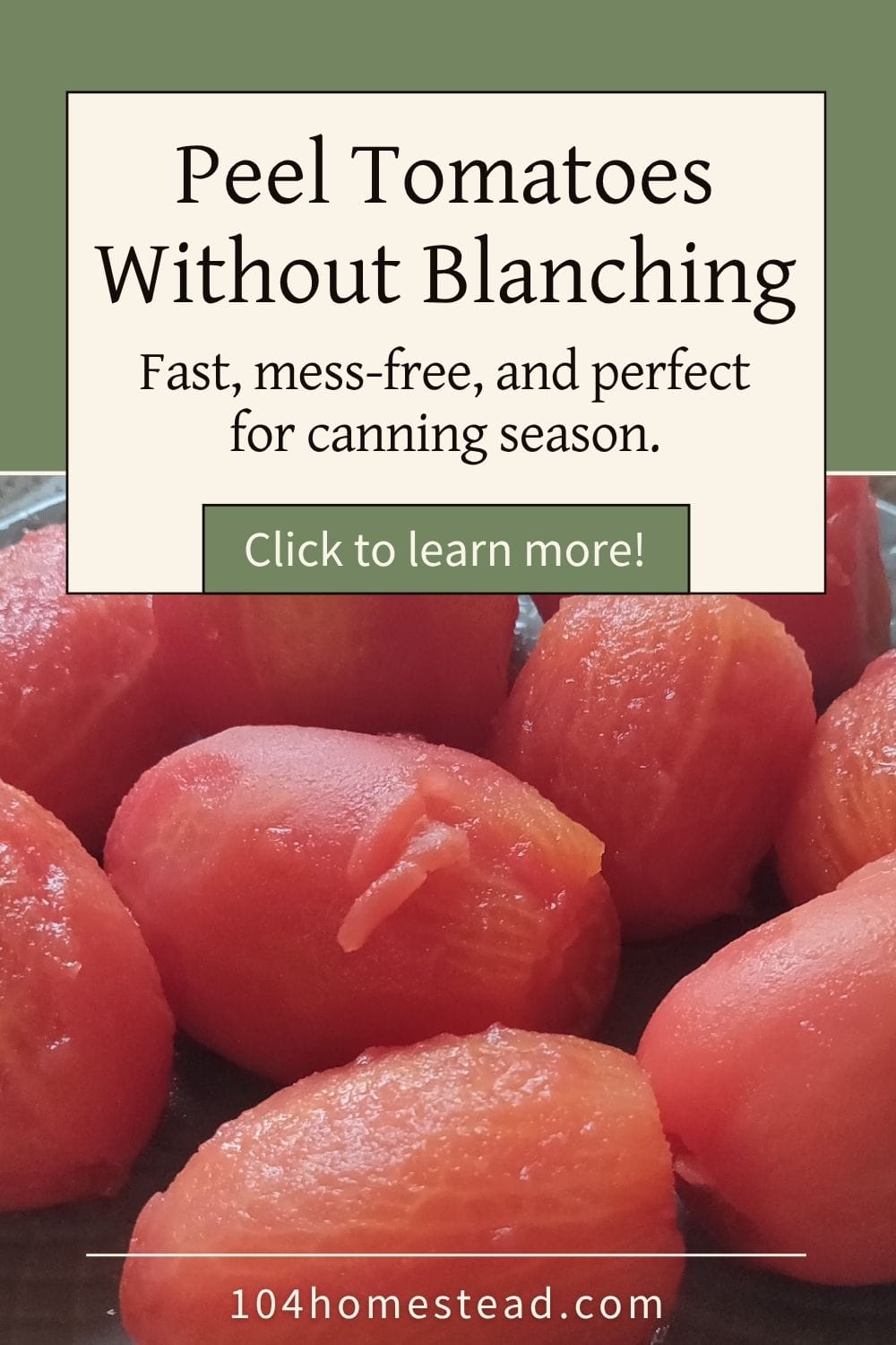 A plate of peeled Roma tomatoes glistening on a dish, showing their smooth, skinless texture after using the freezer and warm water peeling method.