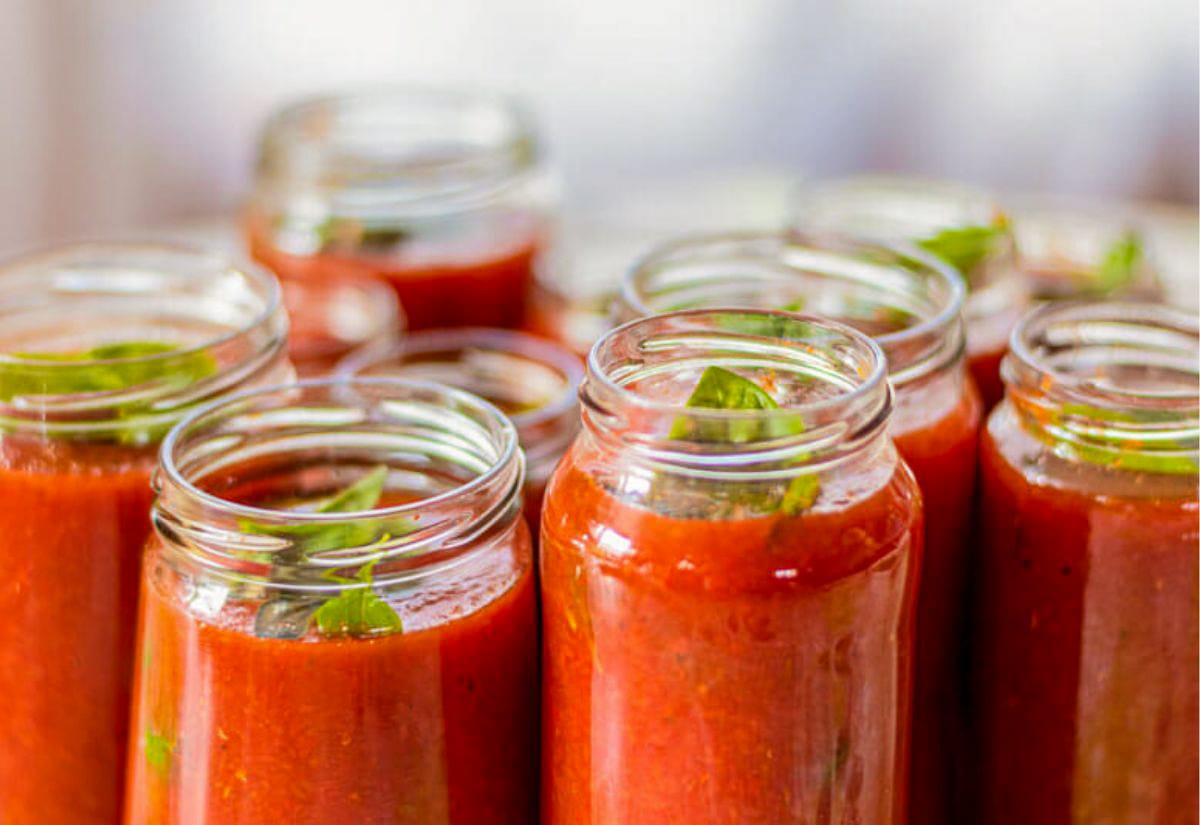 Glass jars filled with fresh homemade tomato sauce made from peeled tomatoes, garnished with basil leaves and ready for canning.