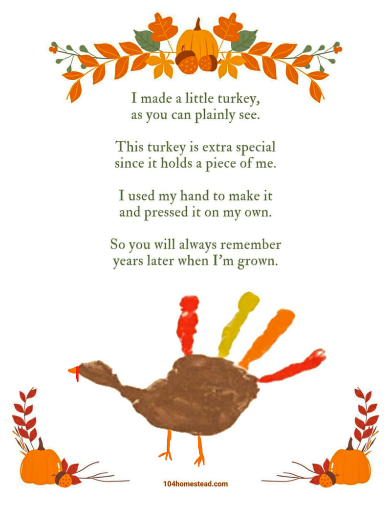 A poem about handprint turkeys with a handprint turkey on it.