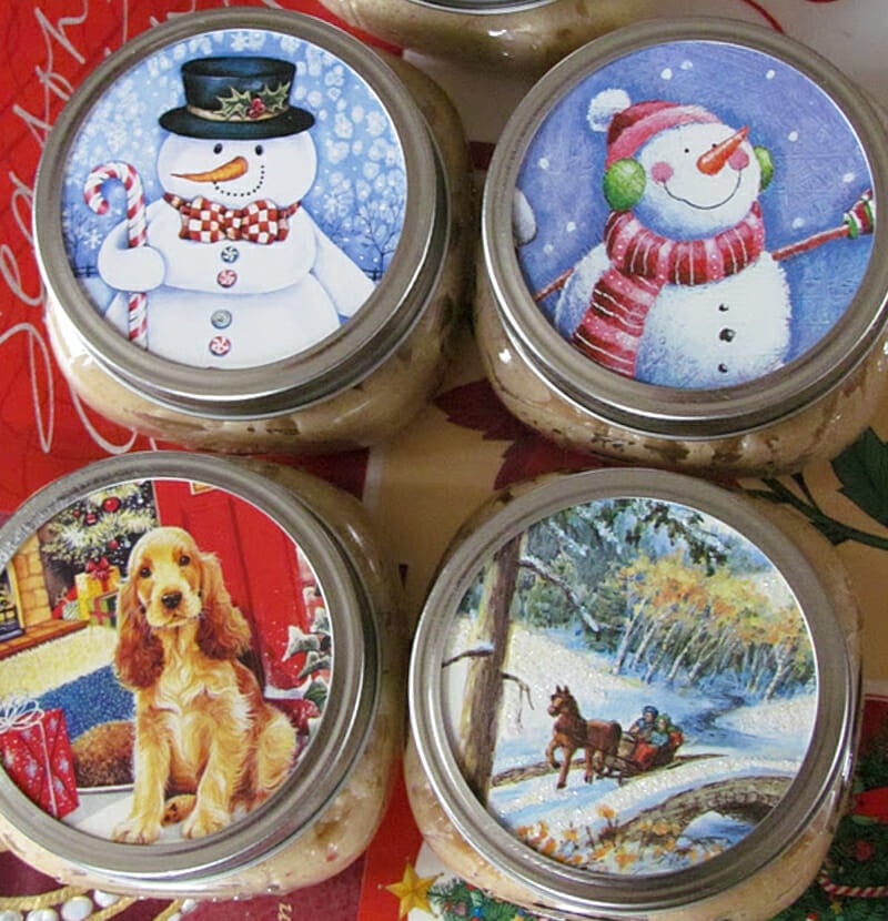 Mason jars with custom lids using old christmas cards.