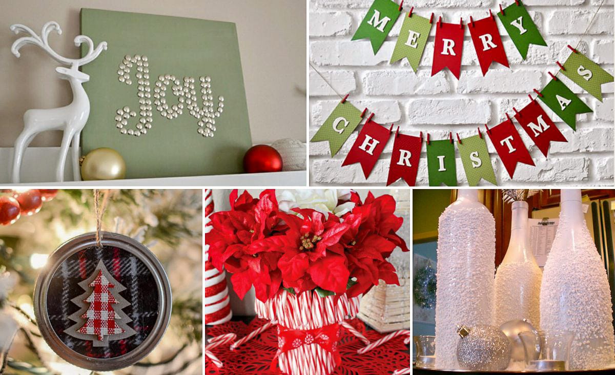 A collage of handmade Christmas decorations including a pearl thumbtack “Joy” canvas, a red and green Merry Christmas banner, a plaid mason jar lid ornament, a candy cane vase with poinsettias, and snowy white wine bottle centerpieces displayed on a table.